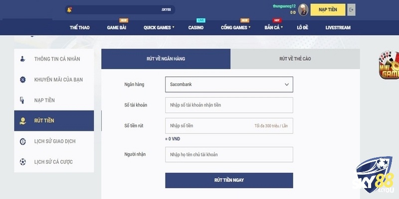 Điều kiện để rút tiền từ Sky88 về tài khoản cá nhân