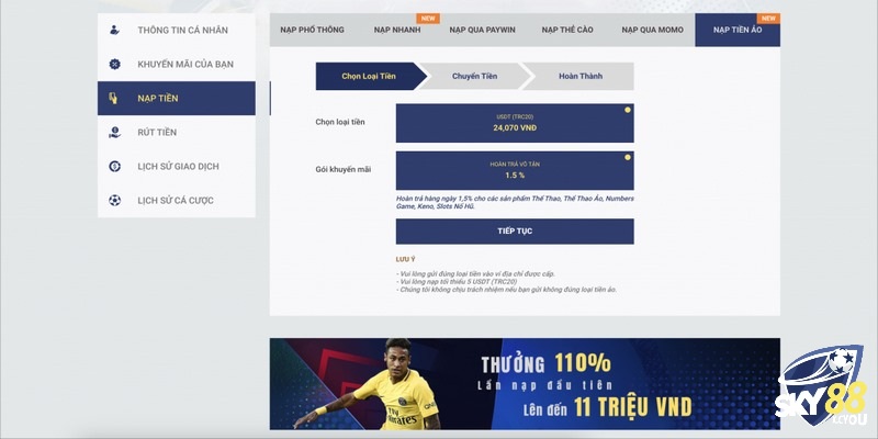 Quy trình nạp tiền Sky88 và những bước cần thực hiện